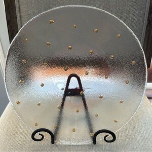 Handblown Glass Plate. Textured Bottom & Gold Accents. Serving/decor/art. 10.75”